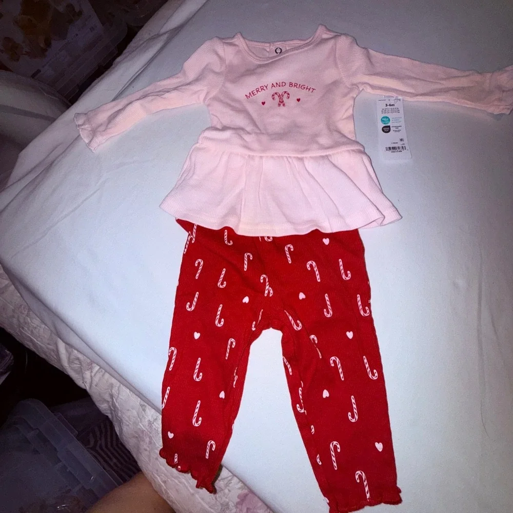 Carter's Child of Mine Outfit Kids 3-6M Pink Red NEW Candy Cane Peplum Set